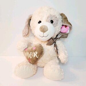Hug Me Dog Puppy Stuffed Plush Heart Amor Tan Cream Satin Bow